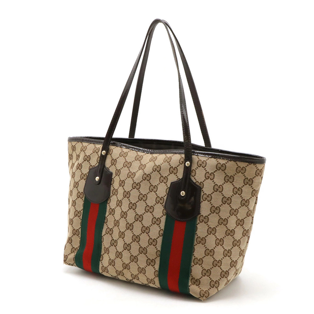 Gucci Vernis Sherry Canvas Bag Brown Tote Beige Cream Shoulder GG Tan Cream